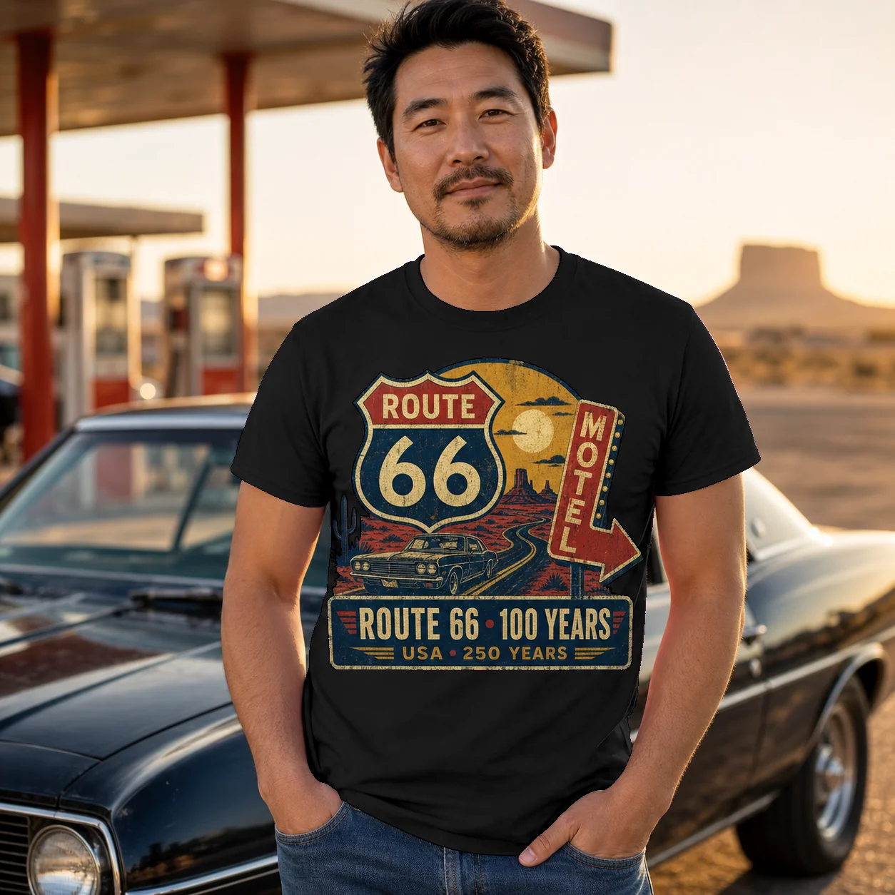 100 Years Route 66 250 Years USA - Acid Wash T‑T-Shirt