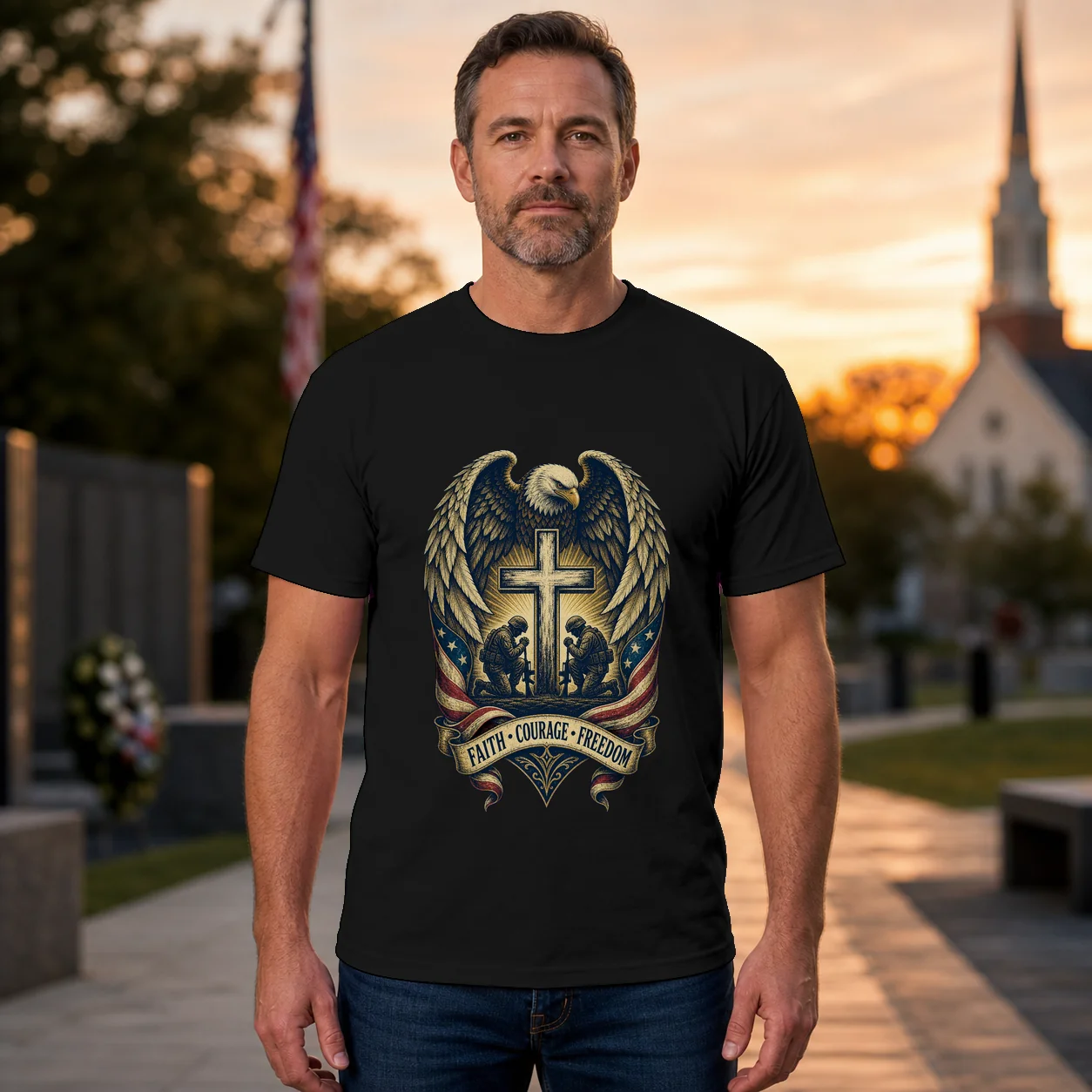 American Eagle Wings & Soldiers Praying Cross - T-Shirt
