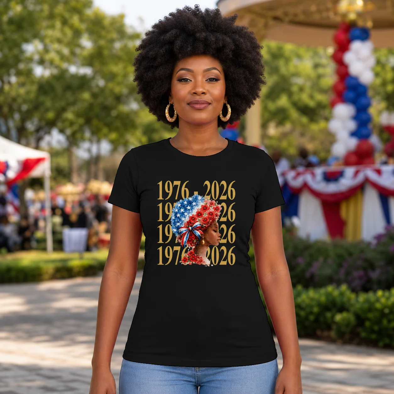 Black Woman Patriotic Afro T-Shirt ? America 250 Women?s Tee