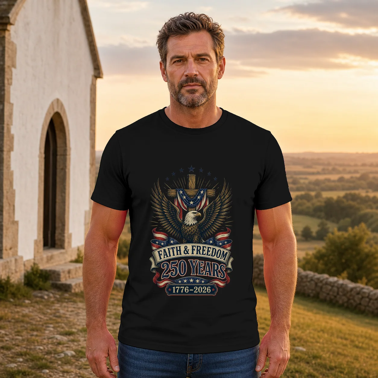 Faith Freedom 250 Years Eagle & Cross - Back Printed Shirt