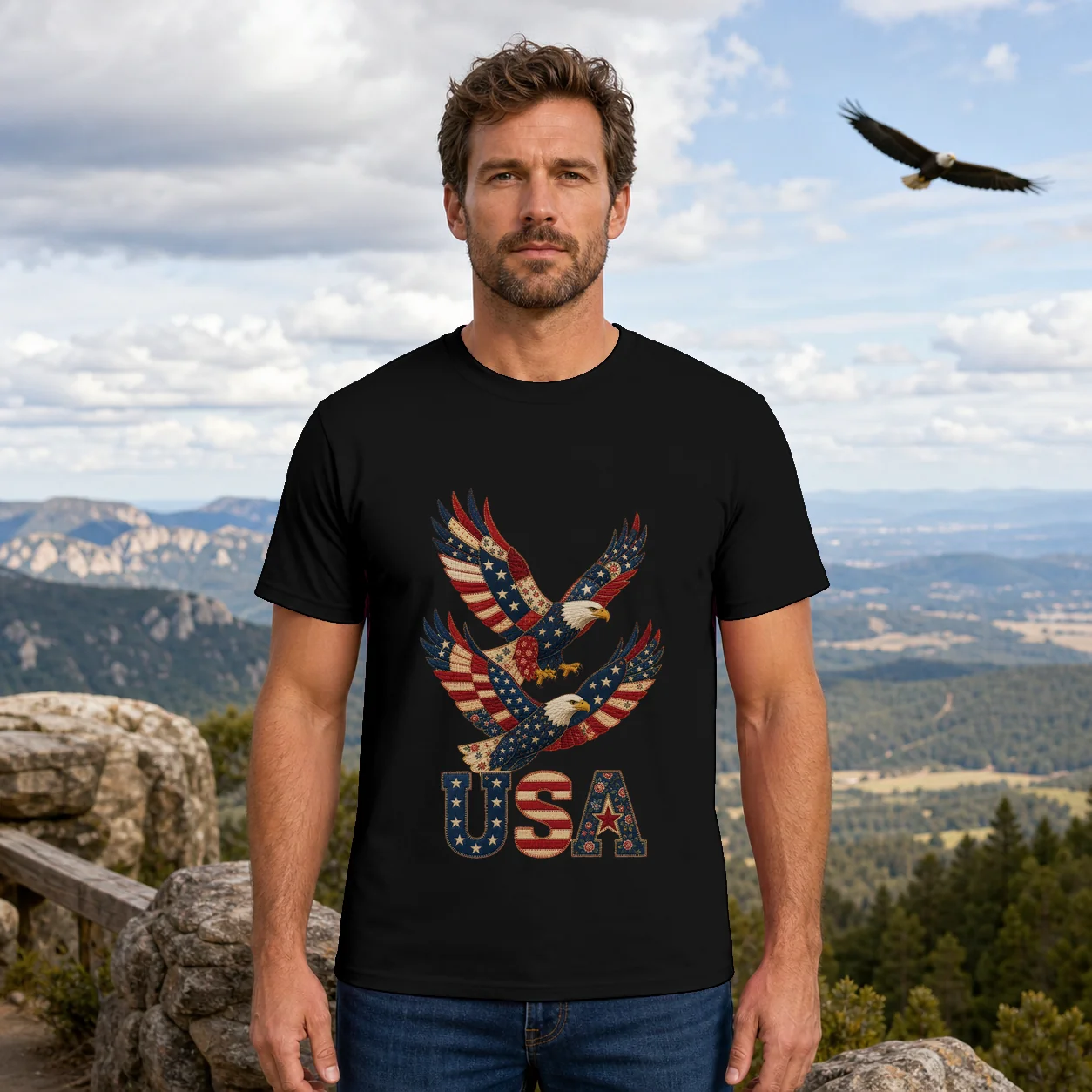 Patchwork Style USA Bald Eagles Print - Shirt