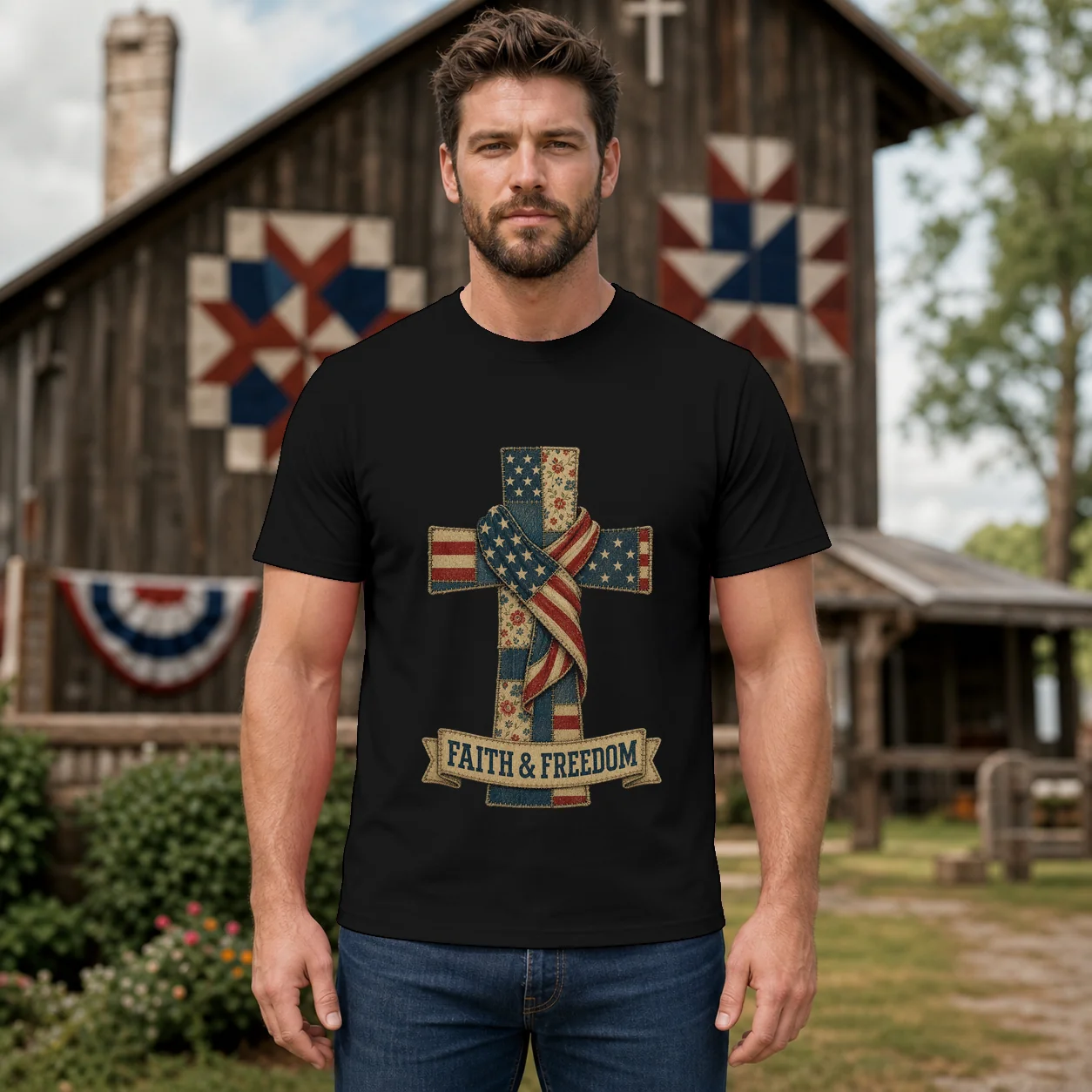 Patchwork Style USA Flag And Cross Print - Shirt