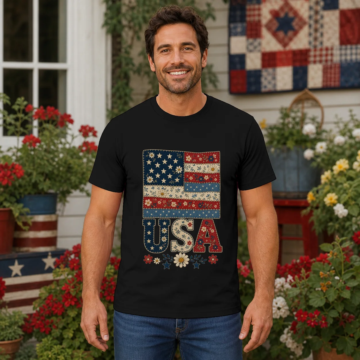 Patchwork Style Usa Flag Flower Print - T-Shirt