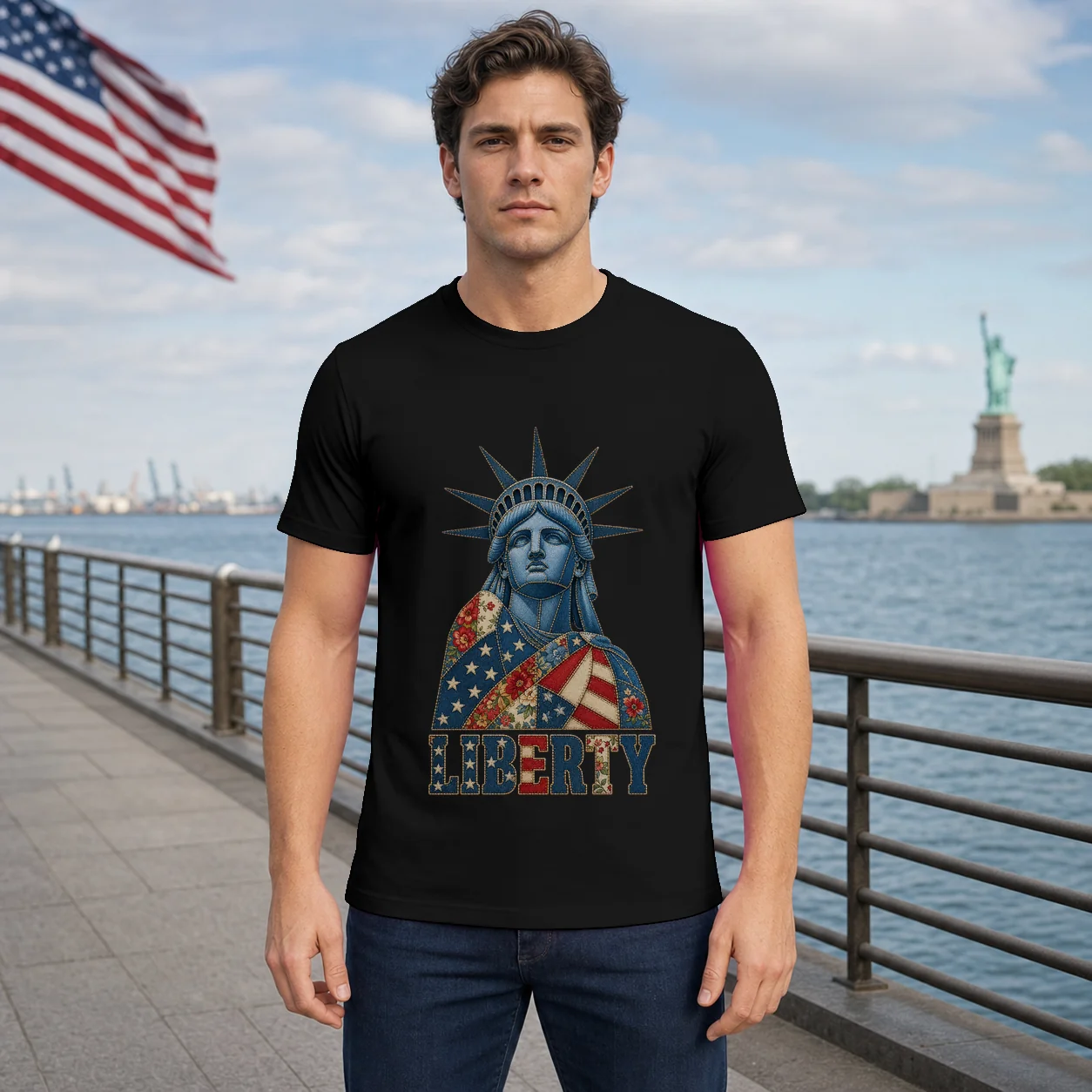 Patchwork Style USA Statue Of Liberty Print - Shirt