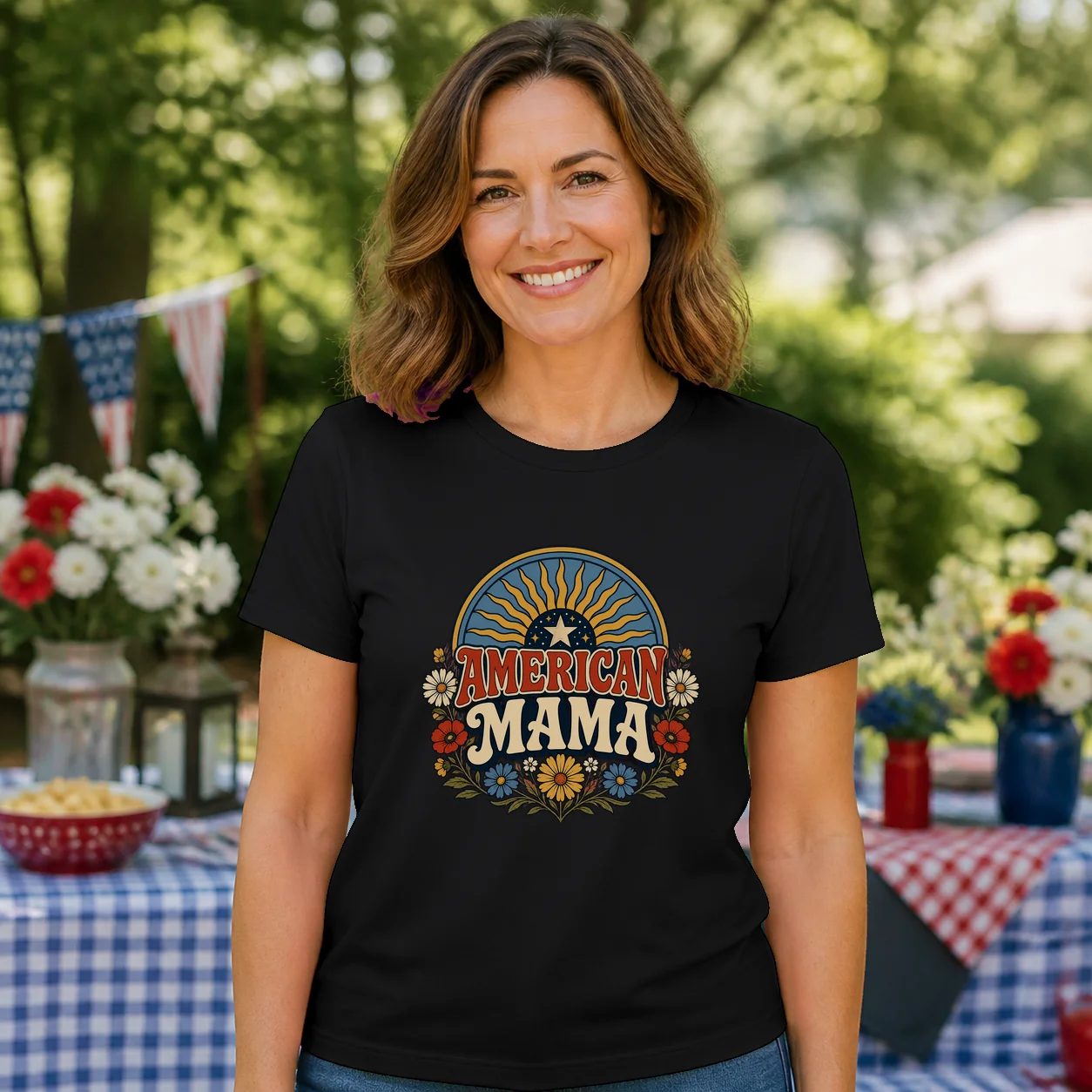 Retro American Mama Patriotic T-Shirt